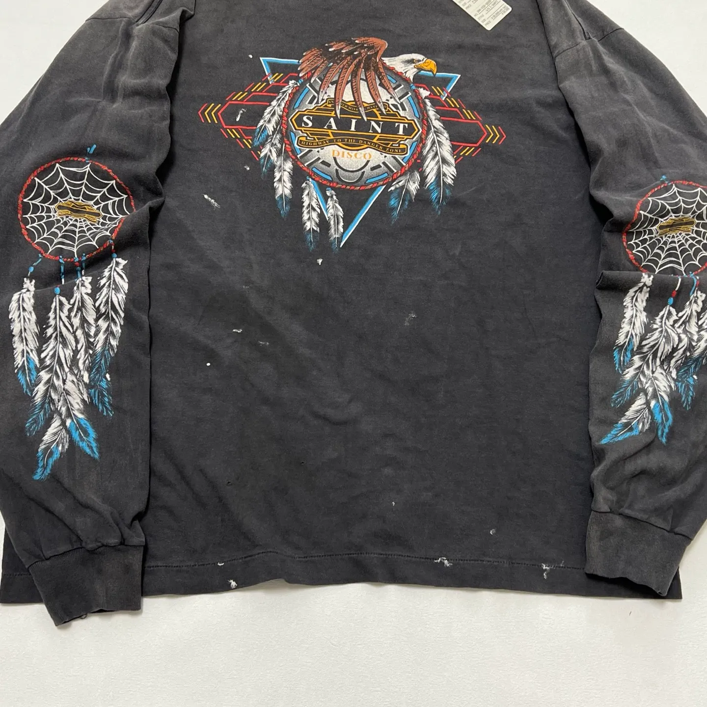 SAINT Mxxxxxx x TEFLON DISCO SAINT DISCO ML_LS TEE/BLK Eagle Feather Spider Web Distressed Long Sleeve S-XL Ready-to-wear Assute dyeing, water spray fading treatment, customized TEFLON DISCO co-branded accessories, hand-splashed ink, wormhole fraying treatment, genuine level printing process